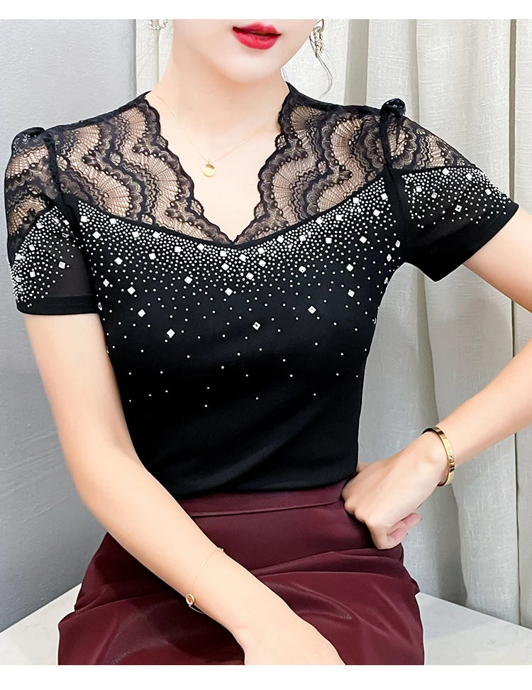2026 Summer Women Tops New Korean Fashion Diamond Mesh T Shirt V-neck Short Sleeved Patchwork Lace Shirt
