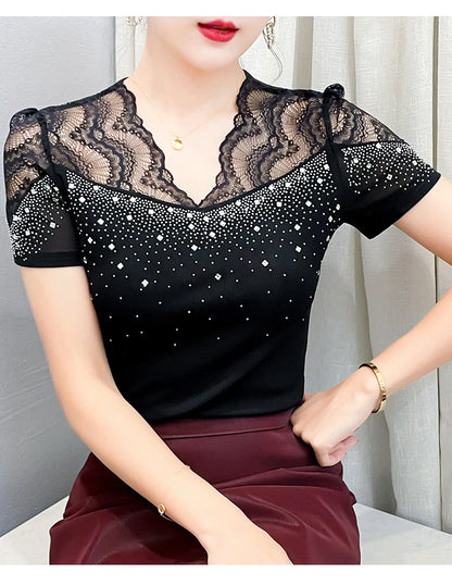 2026 Summer Women Tops New Korean Fashion Diamond Mesh T Shirt V-neck Short Sleeved Patchwork Lace Shirt
