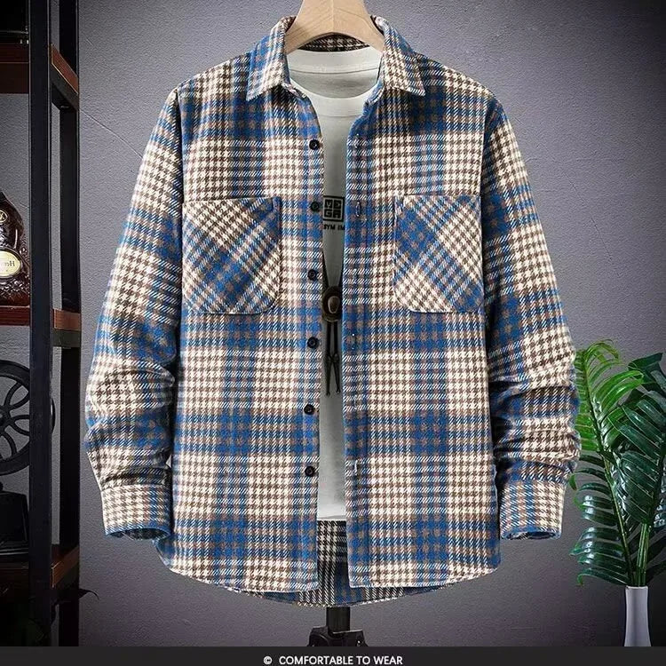 Thickened Plaid Shirt Autumn Winter Men's Korean Version Trend Outerwear Double Pocket Versatile Woolen Coat Shirt
