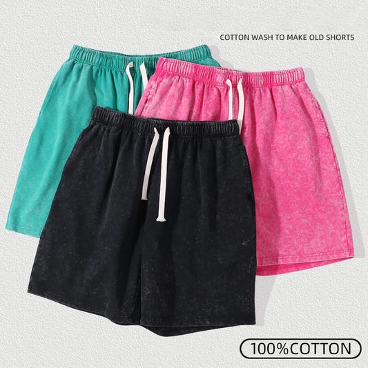 Men's Washed Cotton Hip Hop Shorts mens Summer Loose Fit Casual Vintage Five-Point Pants Comfortable Breathable Sporty Style