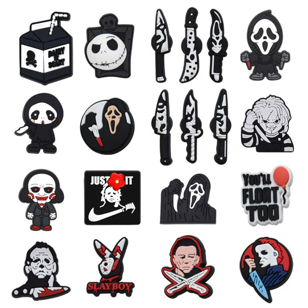 6-100pcs Halloween Black and White Classic PVC Shoes Charm Alligator Charm Accessories Fit Bracelet Boys Girl Xmas party gifts