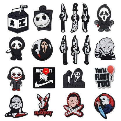 6-100pcs Halloween Black and White Classic PVC Shoes Charm Alligator Charm Accessories Fit Bracelet Boys Girl Xmas party gifts