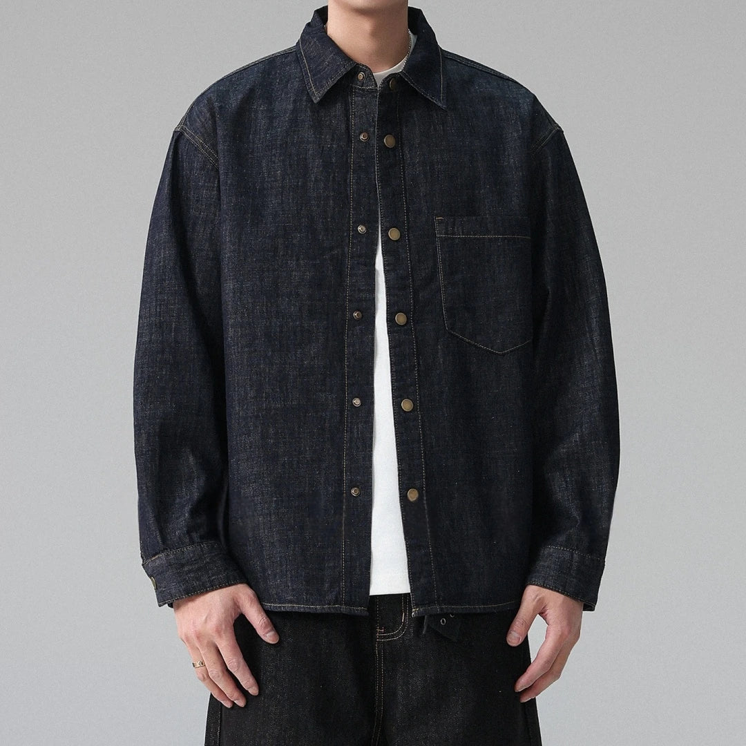Mens Raw Denim Shirt American High Street Plus Size Oversized Long Sleeve Button Down Spring Autumn Trendy Casual Blue Tops