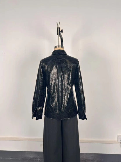 Elegant Long Sleeve PU Leather Shirt Women's Black Button up Snake Skin Pattern Fashionable Top for Autumn Winter