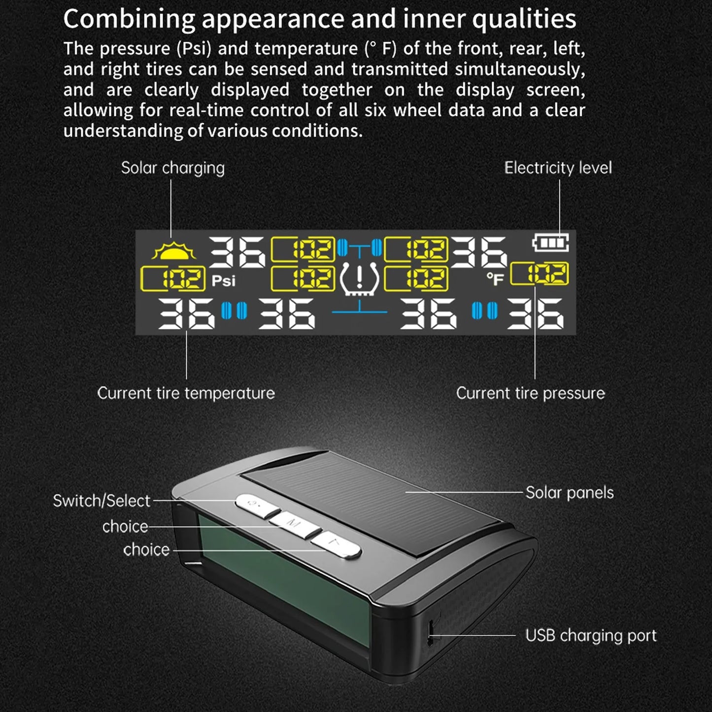 Solar Wireless TPMS Car Tire Tyre Pressure Monitor Monitoring System with 6 External Sensors