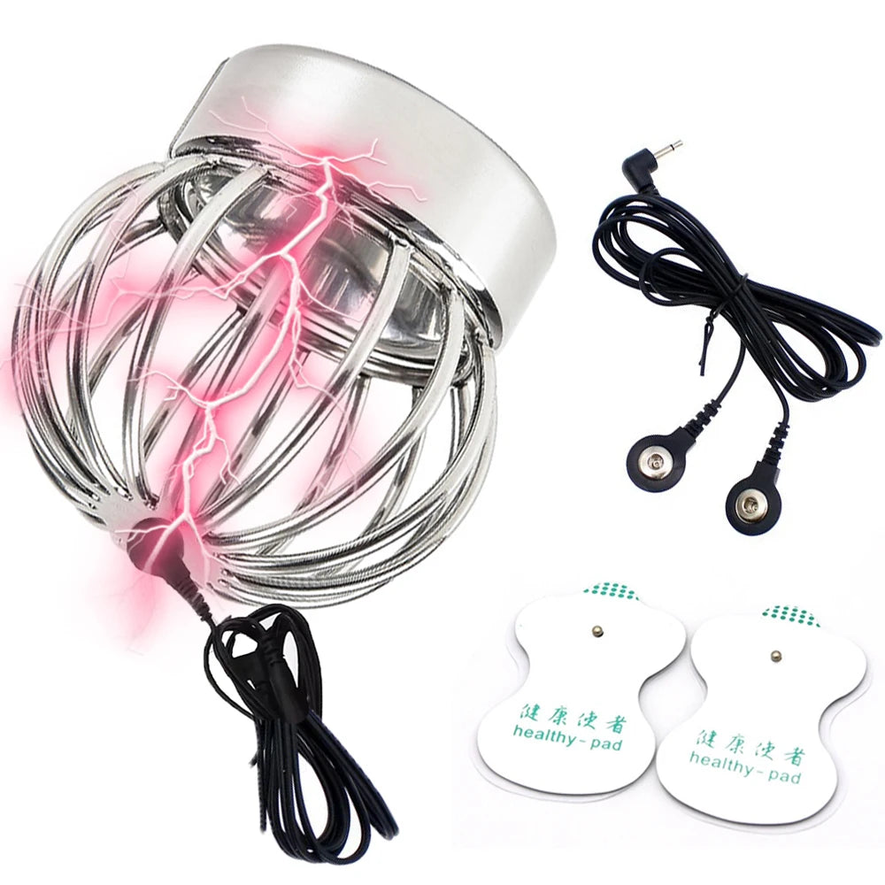 Electric Shock Penis Ring Ball Stretcher Scrotum Lock Metal Penis Cock Ring Heavy Pendant Weight Bondage Stainless Steel Sex Toy