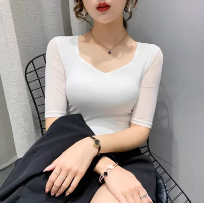 Autumn Winter Round Neck T shirt Women Sexy Mesh Bottoming Shirt Long Sleeve Solid Color Slim Fit Long Sleeve Casual Tops
