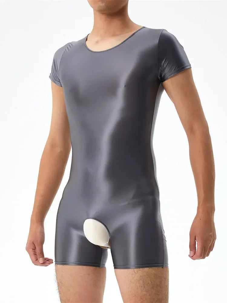 Sexy Men's Open Crotch Bodysuit Short Sleeve Oil Shiny Glossy Tights High Elastic Man Clothing Shapers Exotic Leotard