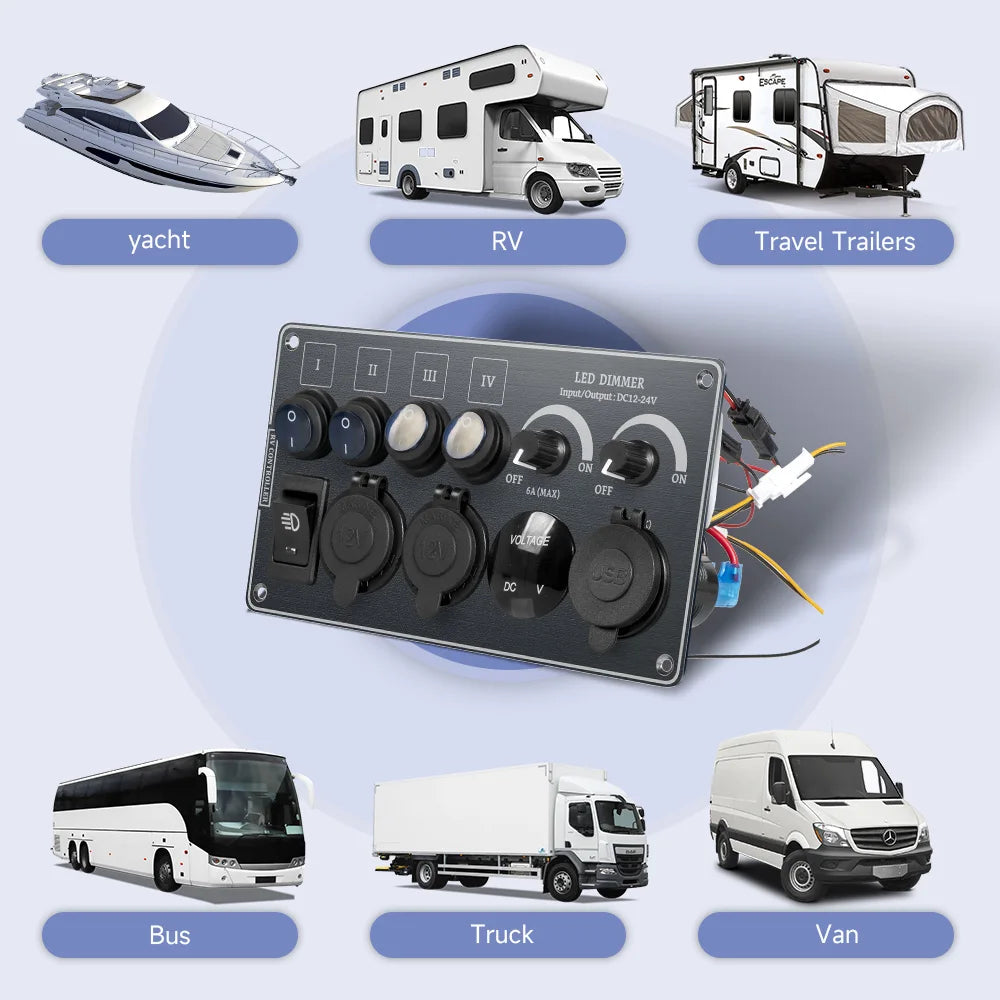 Toggle Switch Multi-Functions Silver Aluminum Panel LED Dimmer Switch 12V 24V for RV Dual Port USB QC3.0  Cigarette Lighter