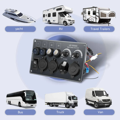 Toggle Switch Multi-Functions Silver Aluminum Panel LED Dimmer Switch 12V 24V for RV Dual Port USB QC3.0  Cigarette Lighter
