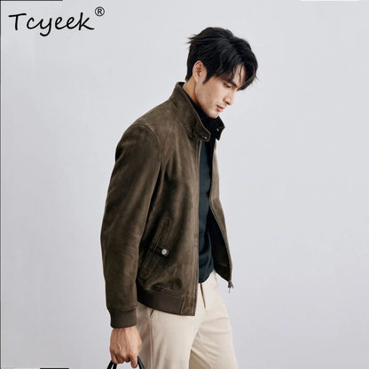 Tcyeek Real Sheepskin Autumn Winter High End Trendy Standing Collar Green Men's Genuine Leather Jacket Куртка Кожаная Мужская