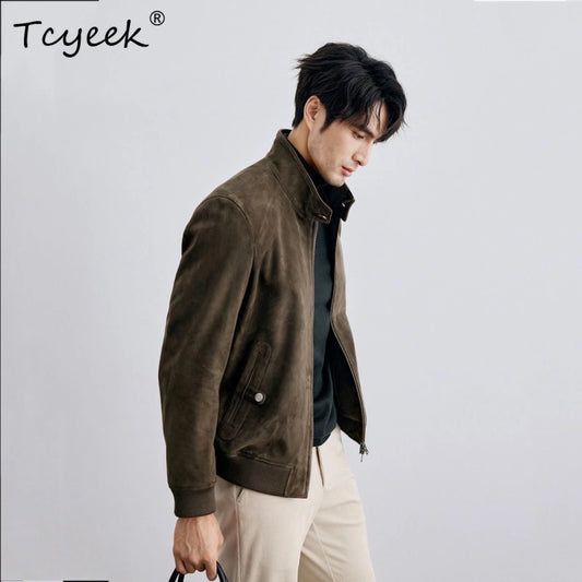 Tcyeek Real Sheepskin Autumn Winter High End Trendy Standing Collar Green Men's Genuine Leather Jacket Куртка Кожаная Мужская
