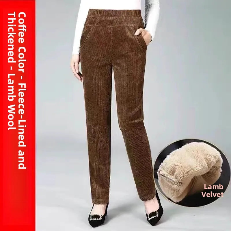High Waist Fleece Lined Corduroy Harlan Pants Straight Leg Warm Women's Casual Trousers Autumn Winter New Arrival