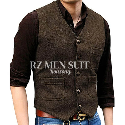 Mens Vintage Tweed Suit Vest V Neck Casual Wool Waistcoat for Wedding Groomsmen chaleco hombre