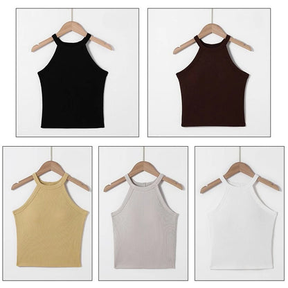 Fashion Threaded Halter Neck Camisole Top with Build-in Bra High Elastic Slim-fitting Sling Fixed Cup Breathable Women Underwear