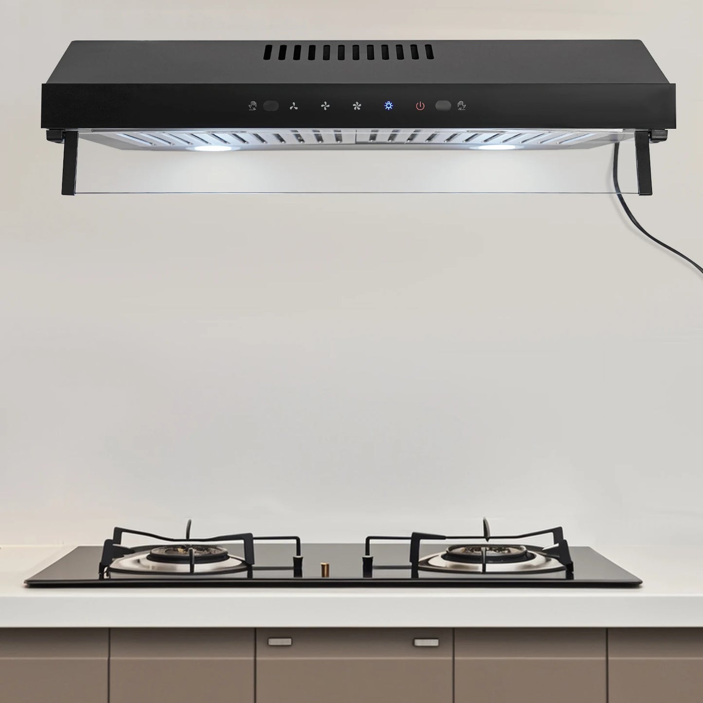 Under Cabinet Range Hood Wall Mount Dual Motor Kitchen Vent Hood Durable Stainless Steel And Acrylic Construction High Temperature Baking Paint Smart Touch Gesture Control Powerful 900CFM Suction Low Noise Kitchen Exhaust Fan