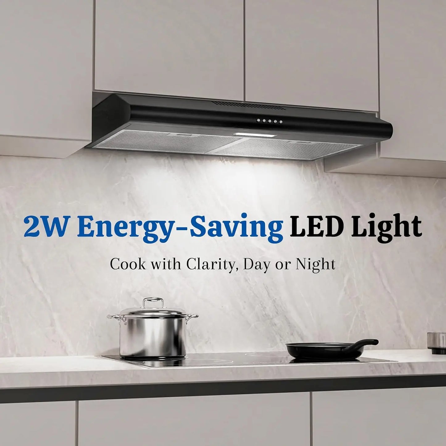 Black Under Cabinet Range Hood 30 Inch, Ducted/Ductless Convertible Vent Hood with 250 CFM, 3-Speed Fan, Energy-Efficient LED