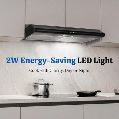 Black Under Cabinet Range Hood 30 Inch, Ducted/Ductless Convertible Vent Hood with 250 CFM, 3-Speed Fan, Energy-Efficient LED