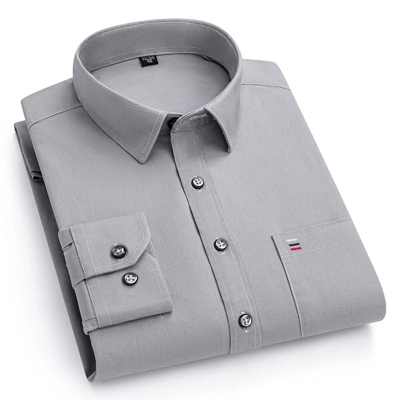 New 100%Pure Cotton Men's Shirts Long Sleeves Solid Color Soft Regular Fit Casual Shirt Pocket Social Blouse Male Clothes S-7XL