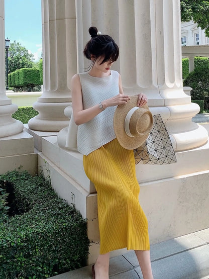 Unique Folded Design Sleeveless Top Set for Small Women Elegant Suitable Travel Wear Polyester Summer T-Shirt round Neck High...