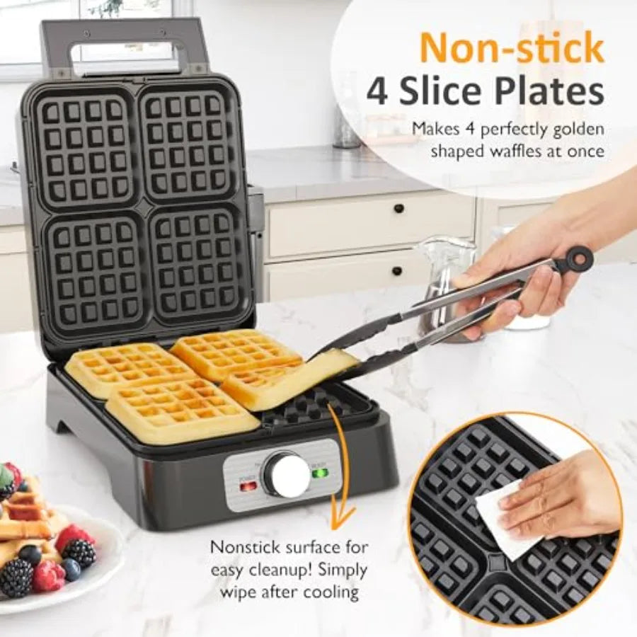 4 Slices Electric Waffle Maker with Adjustable Temperature Control Nonstick Coating Silver Indicator Light Easy to Clean Ideal