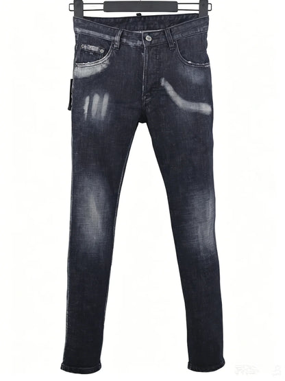 6058 Four Seasons New Men's Wash Grinding Hole Patch Paint Splash Ink Micro-bullet Leg Grey Jeans for Men
