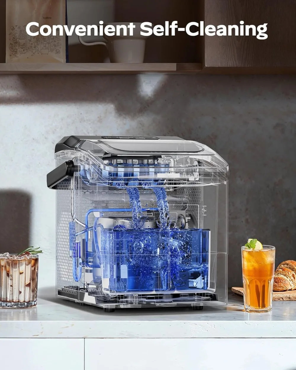 Ice Maker Countertop: 9 Cubes in 6 Mins, 26 lbs/Day, 2 Sizes, Self-Cleaning, Portable with Handle for Home, Kitchen, Camping, RV, Office, Black