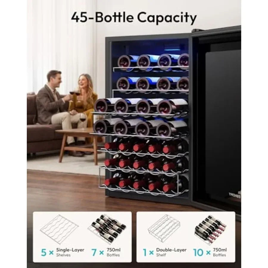 Wine cooler refrigerator for home kitchen bar use, stainless steel, black, 45-bottle capacity with glass door and adjustable te