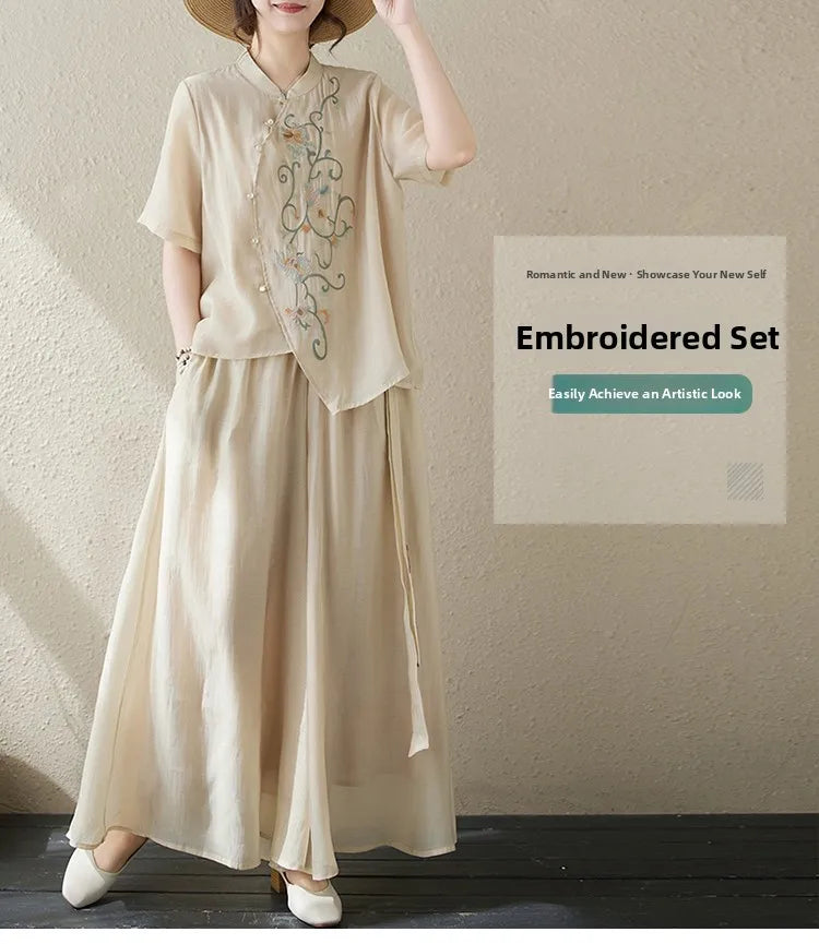 New National Style Heavy Embroidery  Set Women Summer Loose plus Size Fringed Wide Leg Pants Skirt Slimming Two Piece Set