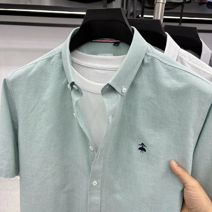 Summer Short Sleeve Shirt Men's Slim Fit Half Sleeve Non-ironing Oxford Spinning Gray-Blue Plaid Business Casual Shirt