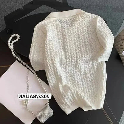 FANAN Ice Silk Polo Shirt Knitted Short Sleeve T-Shirts Lady New Chic Thin Unique Jacquard Women Tops 2025 Korean Style Clothing