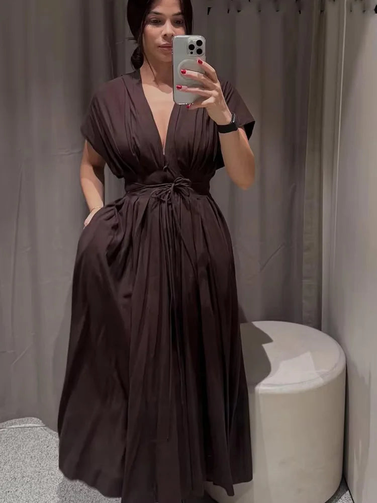 HH Women's Summer Fashion V-neck Lace-up Midi Short Sleeve Dress Female Elegant Backless Pleated Sexy Waist Long Dress