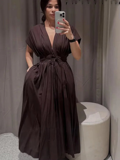 HH Women's Summer Fashion V-neck Lace-up Midi Short Sleeve Dress Female Elegant Backless Pleated Sexy Waist Long Dress