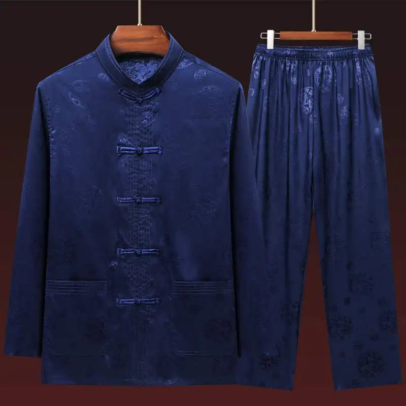Men's Long Sleeve Ice Silk Tai Chi Suit Traditional Chinese Hanfu Vintage Style Tang Costume Elderly Fashion Dad's Clothing