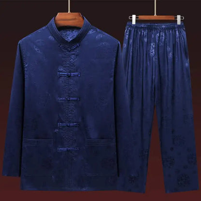 Men's Long Sleeve Ice Silk Tai Chi Suit Traditional Chinese Hanfu Vintage Style Tang Costume Elderly Fashion Dad's Clothing