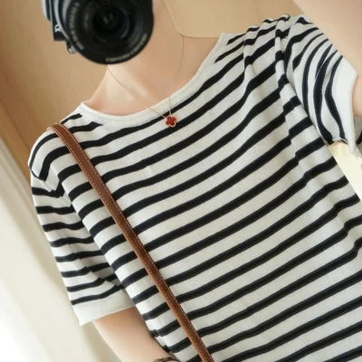 100% Pure Cotton Summer Stripe Short Sleeve T-Shirt Women Loose round Neck Vest Cotton Linen Half Sleeve Commute Style Simple
