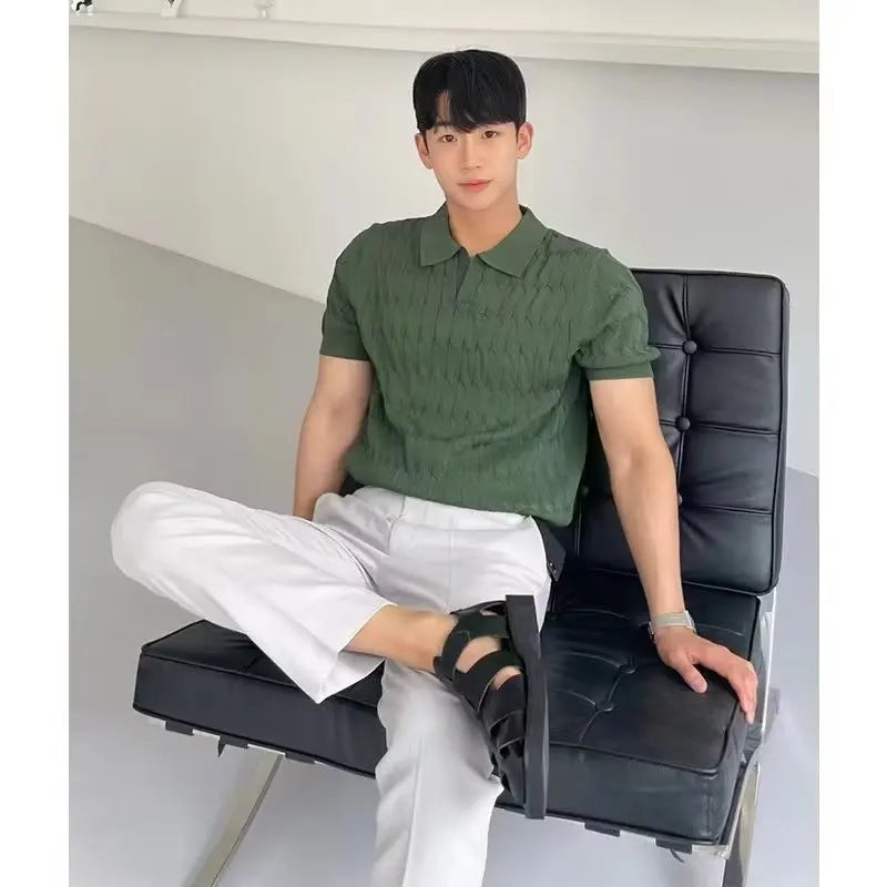 Men's Cable Knit Polo Shirt Short Sleeve V Neck Casual Summer Top 2026