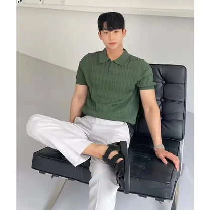 Men's Cable Knit Polo Shirt Short Sleeve V Neck Casual Summer Top 2026