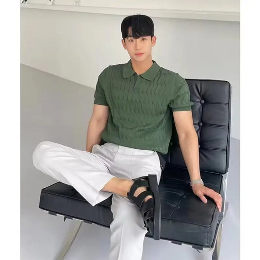 Men's Cable Knit Polo Shirt Short Sleeve V Neck Casual Summer Top 2026