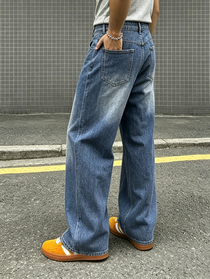 Men's vintage washed wide-leg jeans, vertical stripes, high-waist drape, floor-length trousers, outdoor casual and versatile