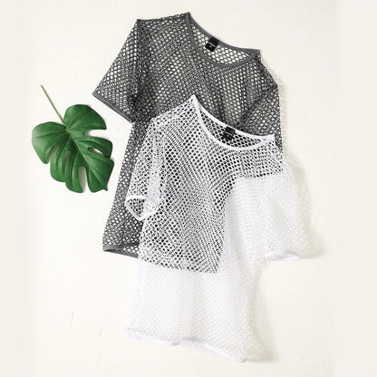 Men's Fishnet Mesh T-Shirt See Through O-neck Short Sleeve Hollow Out Tops Breathable Streetwear Nightclub Party Sheer T Shirts