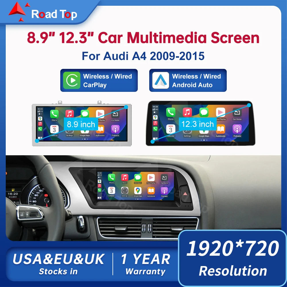 CN Road Top 8.9 12.3'' Touch Screen Multimedia Player Andriod Auto Link For Audi A4 S4 B8 2009-2015 GPS Carplay Display Car Play