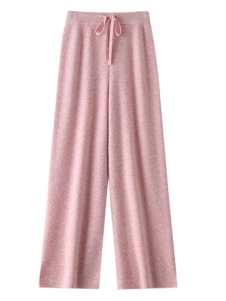 Chic Wide-Leg Pants Women's Autumn Winter Solid Color 100% Merino Wool Knitted Casual Loose Soft Thick Warm Popular Trousers