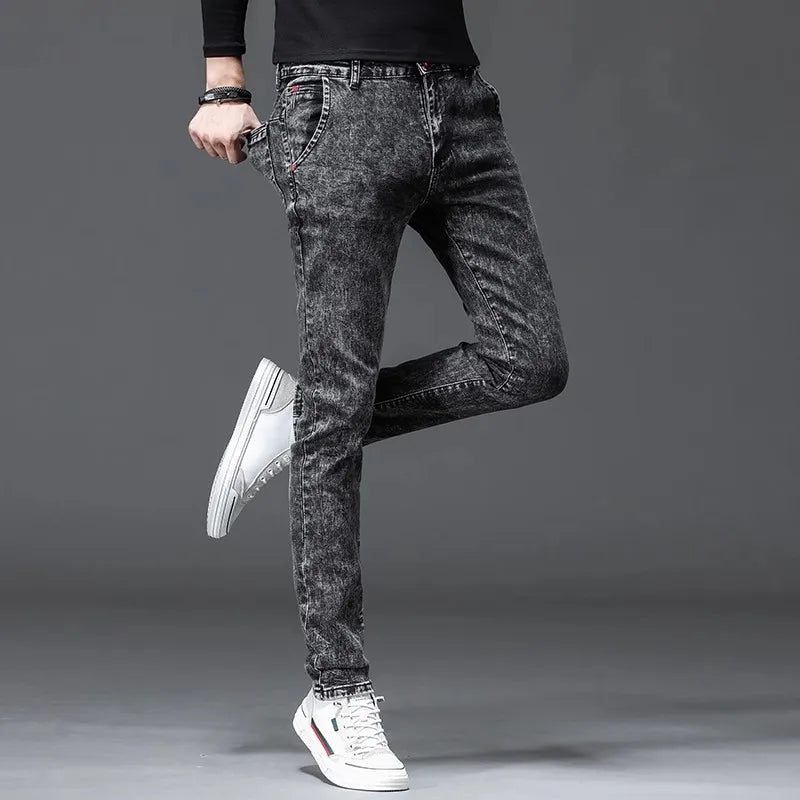 Fleece Lined Jeans Men's Trendy Slim Fit Bootcut Pants Autumn Winter Casual Long Trousers Youthful Style Wear Resistant