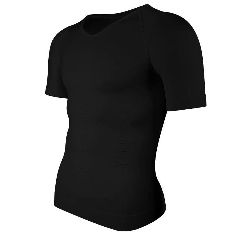 Men V-Neck Compression Shapewear Shirt Tummy Control Slim Body Shaper Short Sleeve Undershirt