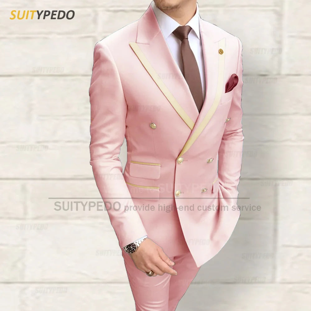 Fashion Men Red Suit Sets Wedding Party Custom Groomsman Elegant Outfits Birthday Banquet Male Stylish Blazer Pants 2 Pieces