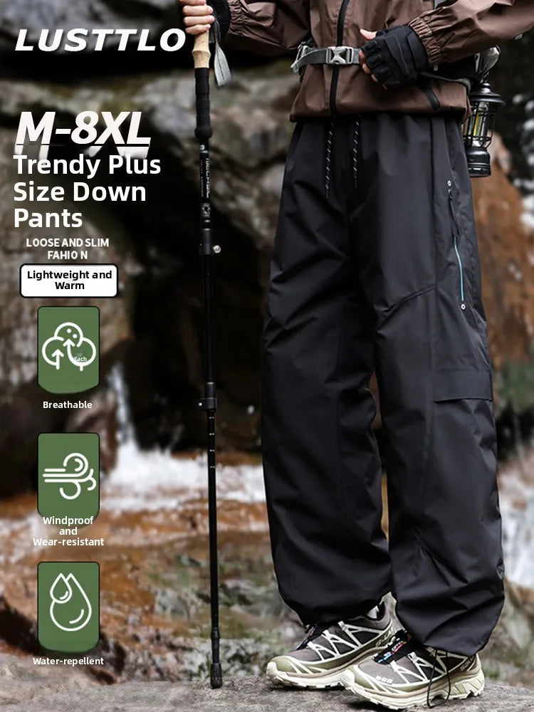 Trendy Large Size Men's down Trousers Winter Outdoor Windproof Warm Straight Leg Pants Long Pants Duck down Filling Pure Color