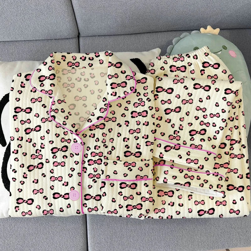 Thickened Air Cotton Sleepwear Set for Women Lazy Bear Cartoon Design Long Sleeve Long Pants Home Clothes Autumn Winter