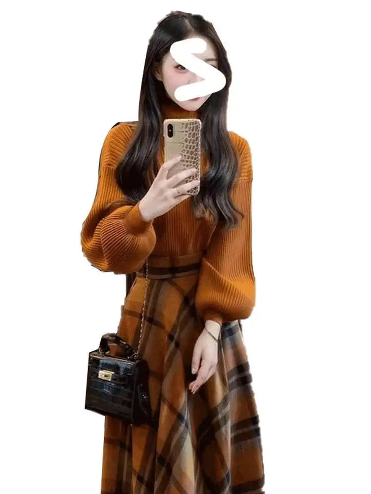 Retro Knitted Sweater Skirt Set Women's Plaid  Skirt Long Sleeve round Neck Two-Piece Suit Autumn Fashion Casual Wear