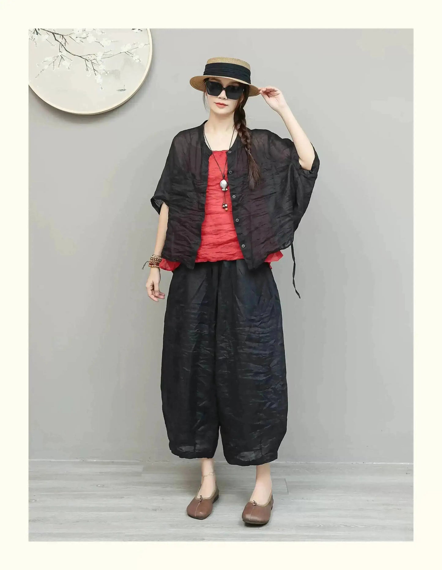 Lightweight Ramie Pant Women Summer Loose Wide-leg Cropped Pants Black LX5765